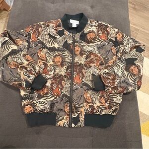 Vintage K Arnold Animal Print 100% Silk Bomber Jacket Pockets M
